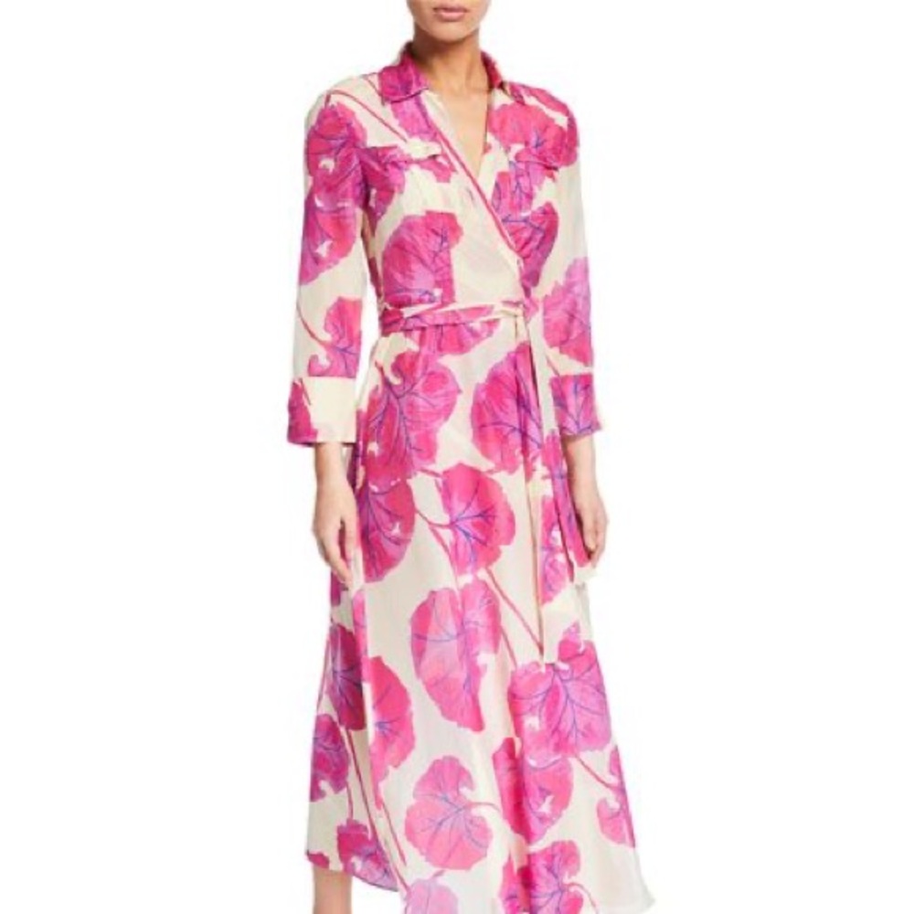 Diane von furstenberg kilea kimono leaf pink white cream collared dress floral